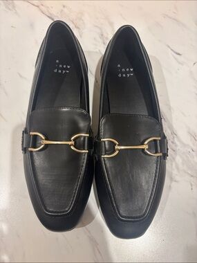 a new day Black Leather Loafers with Gold Horsebit